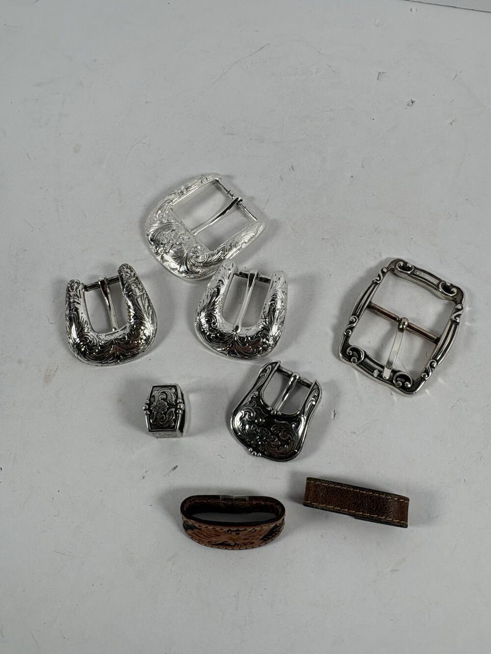 Western Engraved Belt Buckle Keeper Lot Silver Tone Horse Tack Hardware